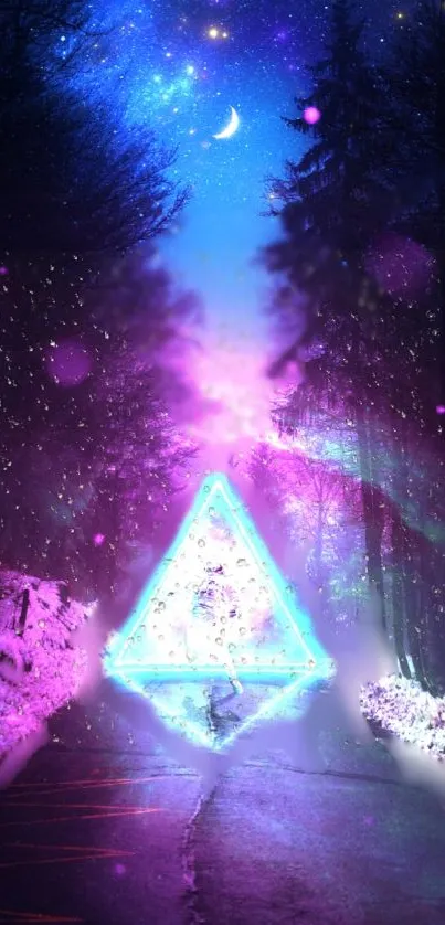 Neon triangle glowing in a cosmic forest pathway, merging colors of blue and purple.