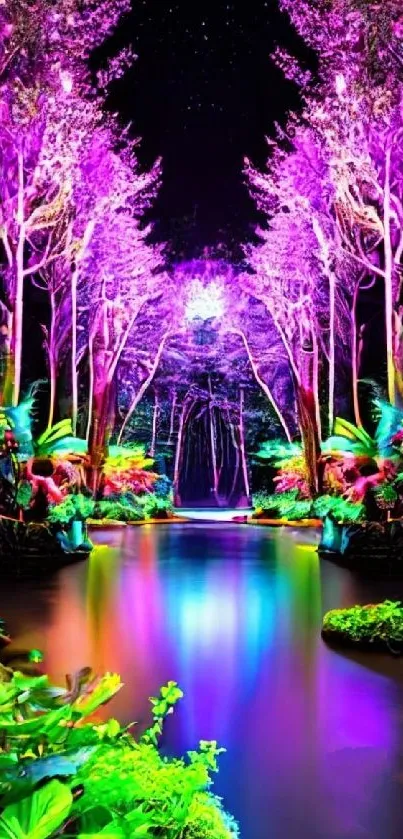 Vibrant neon forest with colorful reflections.