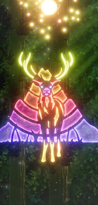 Glowing neon moth in a dark forest scene wallpaper.