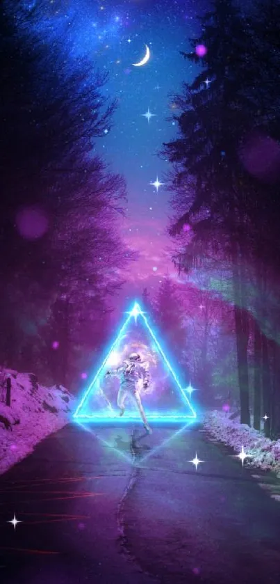 Neon forest with glowing triangle and astronaut under starry sky.