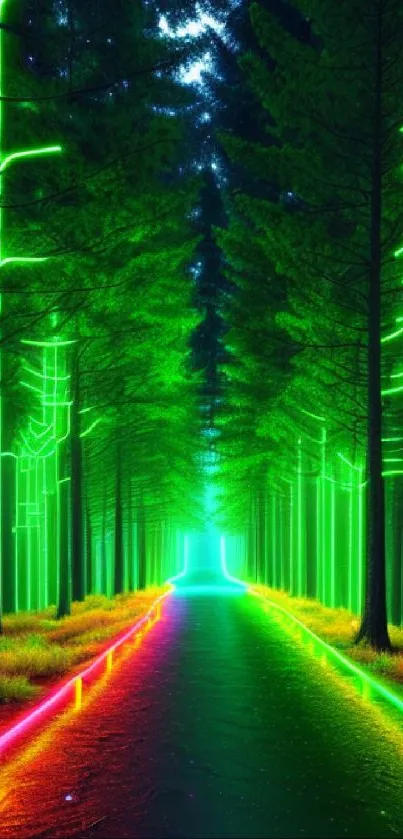 Vibrant neon forest pathway with glowing trees and colorful lights.