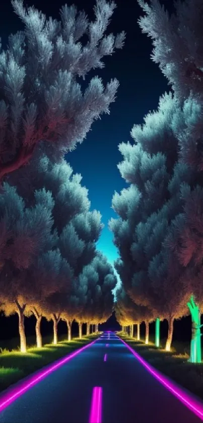 Neon-lit road through a forest at night.