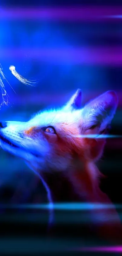 Neon-lit fox gazes at glowing jellyfish in vibrant blue and purple hues.