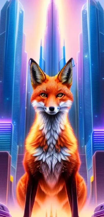 Neon fox sitting in futuristic cityscape with glowing towers.