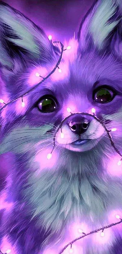 Illustrated fox wrapped in glowing pink lights with a vibrant purple hue.