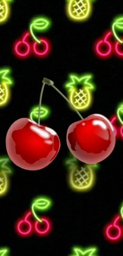 Vibrant neon fruit wallpaper with cherries and pineapples.