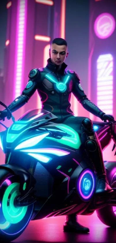 Futuristic biker in neon-lit cityscape with vibrant colors and cyberpunk style.