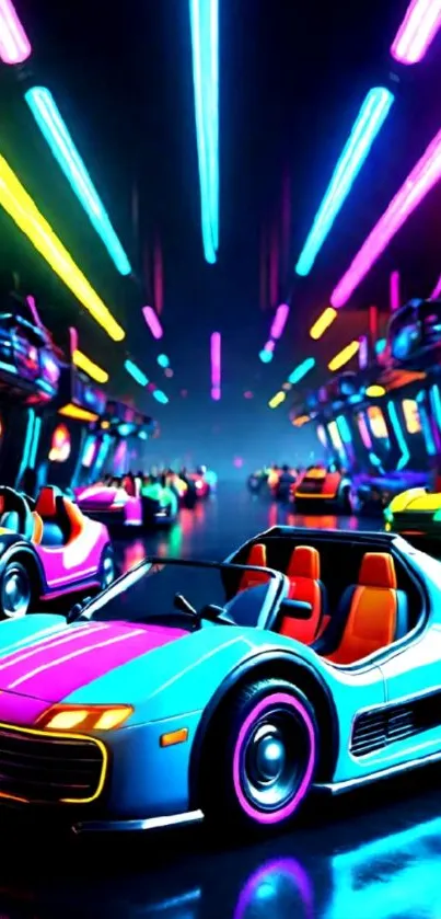 Futuristic neon cars racing through a vibrant cityscape at night.