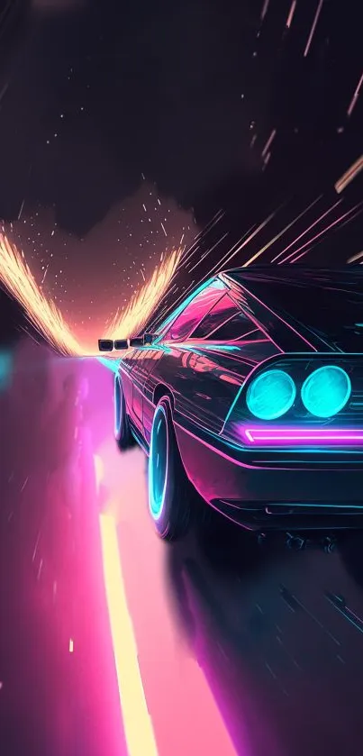 Futuristic car in neon colors racing into a vibrant, glowing tunnel.