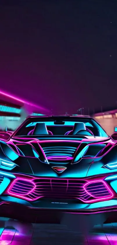 Futuristic neon car with purple and blue hues in a dynamic design.