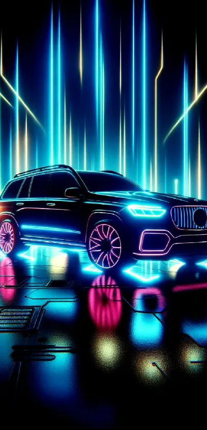 Neon futuristic car with vibrant lights on digital grid.