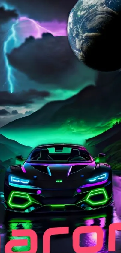 Futuristic car with neon lights under a cosmic sky.