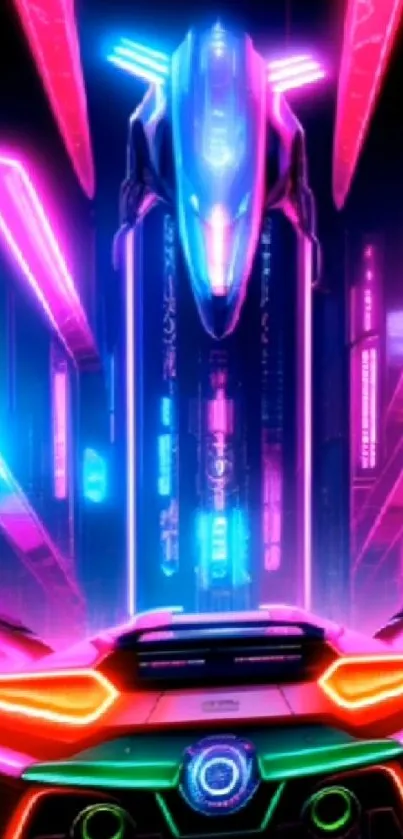 Futuristic neon cityscape with sci-fi car and vibrant lights.