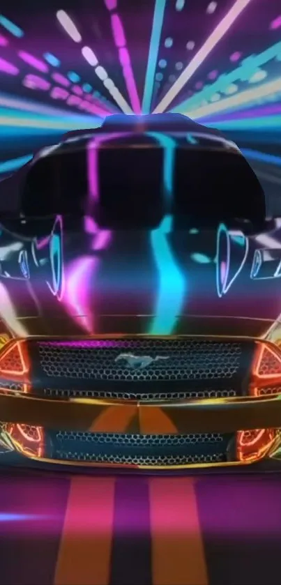 Futuristic car with neon lights racing through a digital landscape.