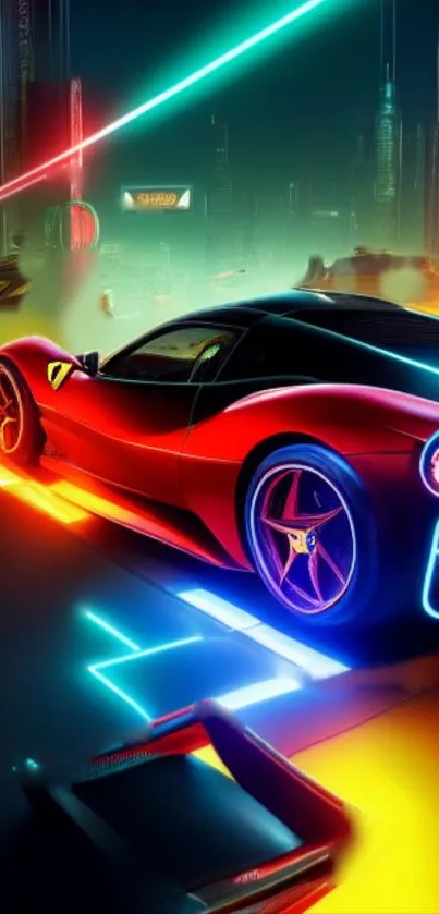 Neon futuristic car with glowing lights in a cityscape background.