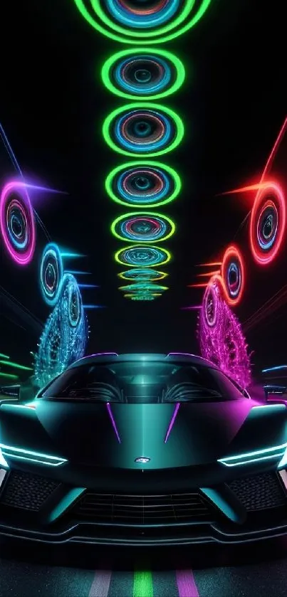 Sleek futuristic car in neon tunnel with colorful lights.