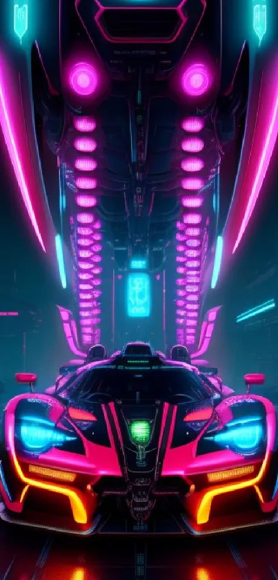 Futuristic neon car in vibrant cityscape, perfect for mobile wallpaper.