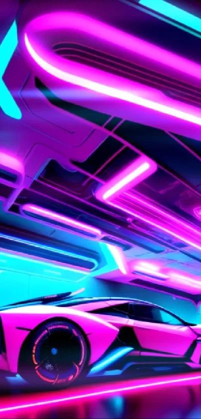 Futuristic neon car with sleek design in vibrant colors.