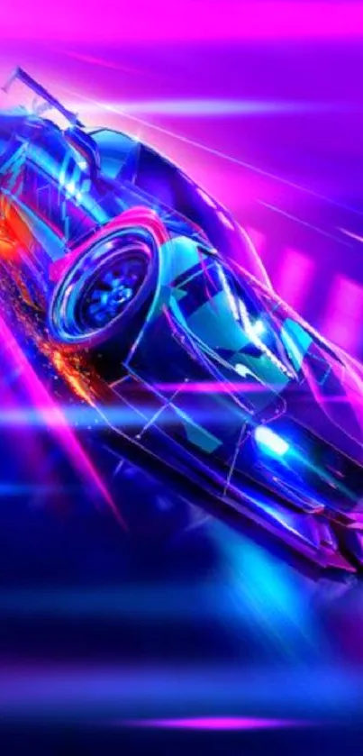 Neon futuristic car racing through vibrant abstract background.