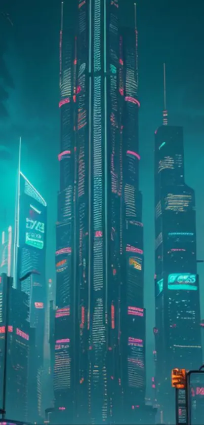 Futuristic neon city skyline with glowing skyscrapers.