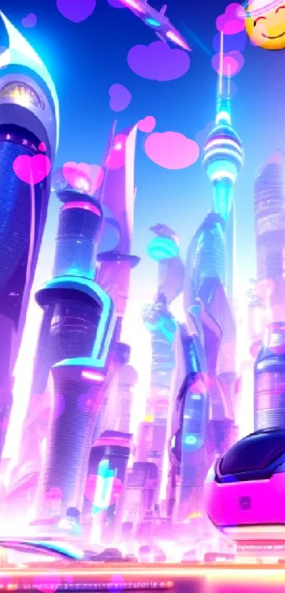 Futuristic neon cityscape with pink and blue buildings and flying vehicles.