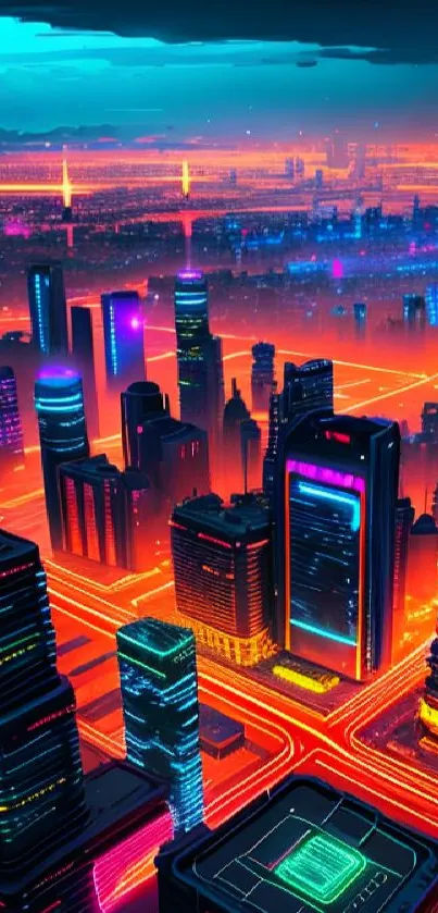 Futuristic neon cityscape with glowing orange streets and modern skyscrapers.