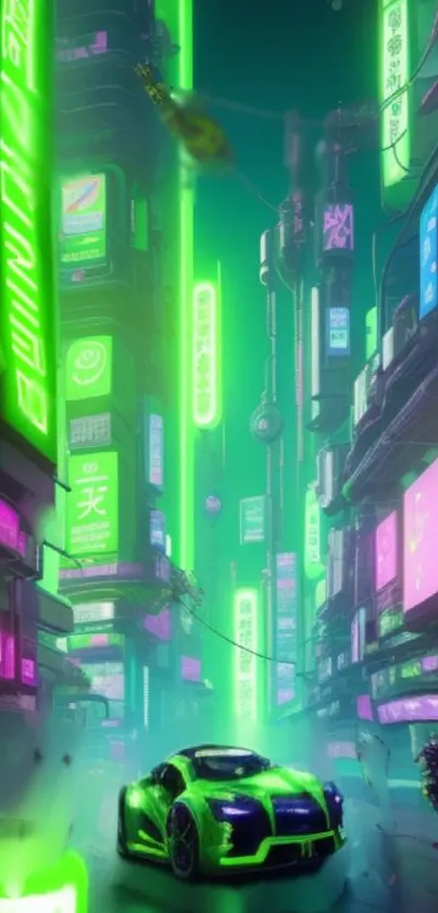 Neon futuristic cityscape wallpaper featuring glowing buildings and a sports car.