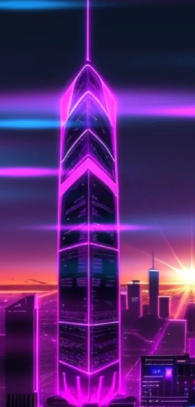 Neon pink futuristic cityscape with sunset and skyscraper.