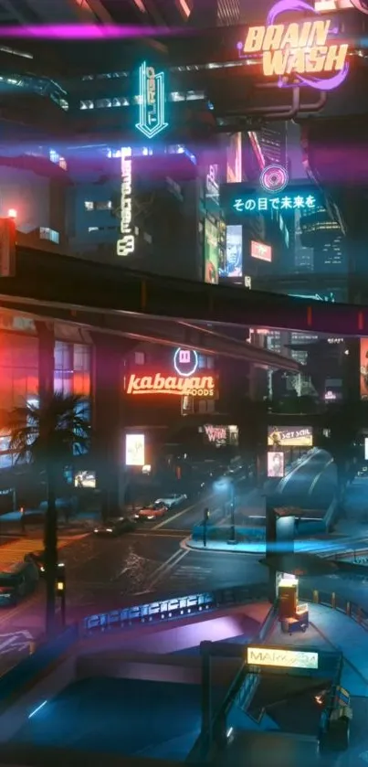 Neon futuristic cityscape with colorful digital lights.