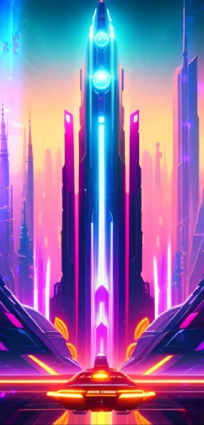 Neon futuristic cityscape with vibrant lights and structures as a mobile wallpaper.
