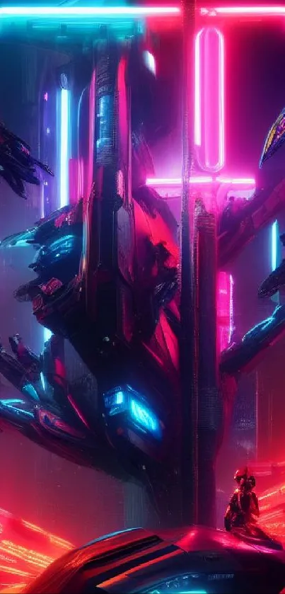 Vibrant neon futuristic cityscape with high-tech vehicles and dynamic lighting.