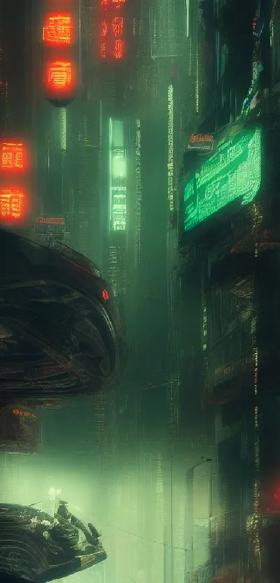 Futuristic cityscape with neon signs in a dark, atmospheric setting.