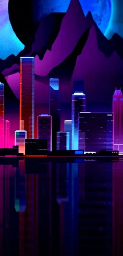 Neon cityscape with mountains under a vibrant moonlit sky.