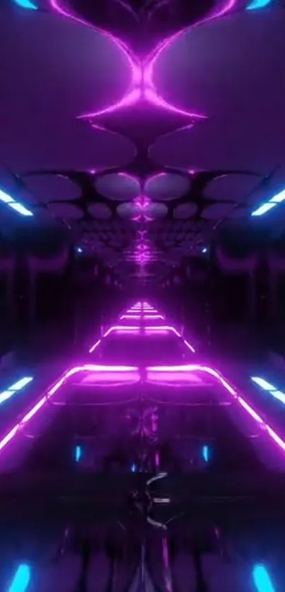 Neon futuristic corridor with glowing lights.