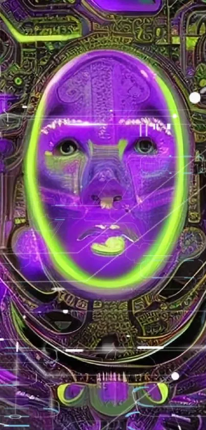 Neon futuristic cyber face with intricate patterns.