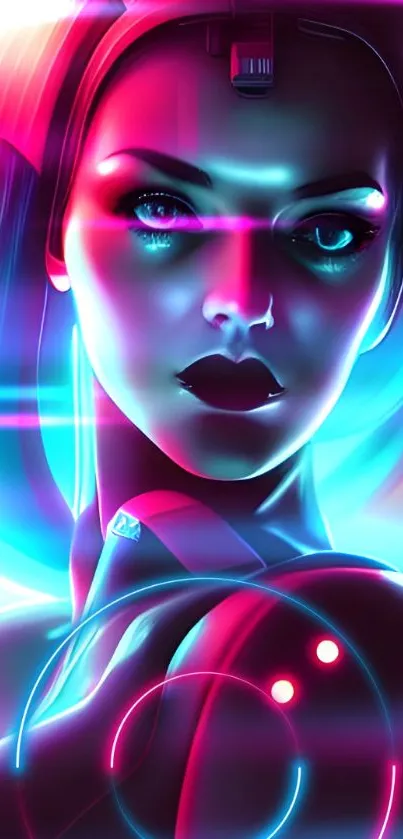 Neon cyber portrait with blue and pink hues, futuristic digital art.