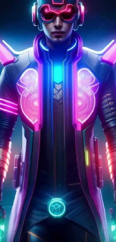 Futuristic cyber warrior in neon lights and high-tech attire.