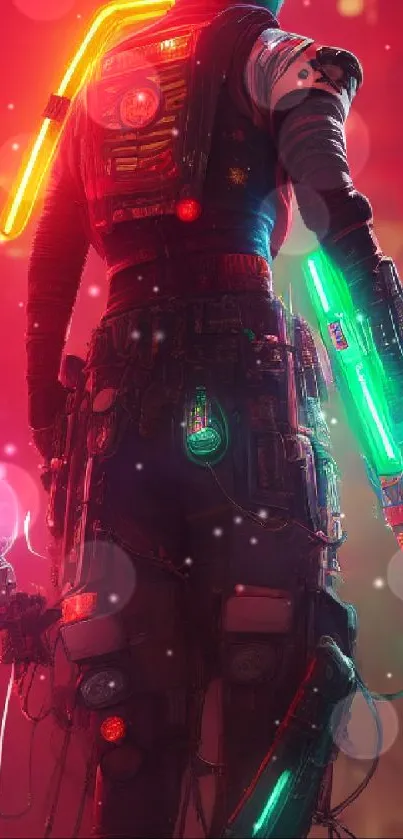 Futuristic character in neon cityscape with vibrant glowing colors.