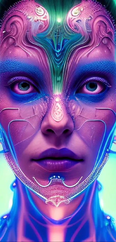 Futuristic neon female face with intricate patterns on teal background.