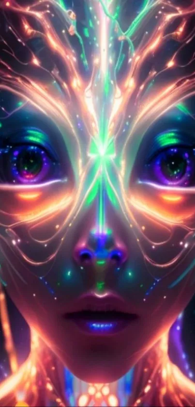Colorful abstract face with neon lights, surreal design.