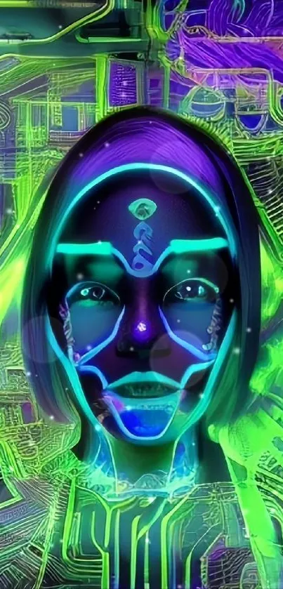 Futuristic neon face with glowing lines and vibrant colors.