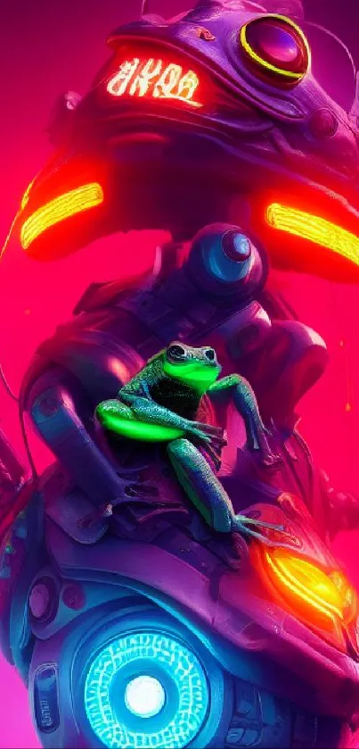 Neon-themed frog on a futuristic robot in vibrant colors.