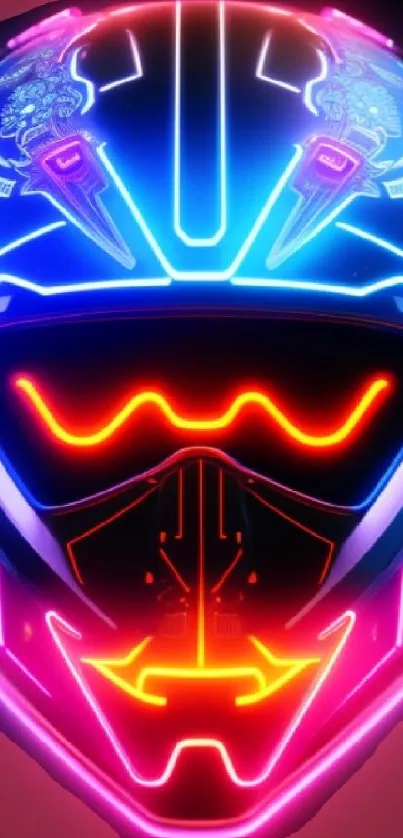 Vibrant neon helmet with pink and blue hues.