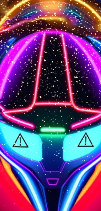 Vibrant neon helmet in galaxy-themed wallpaper.