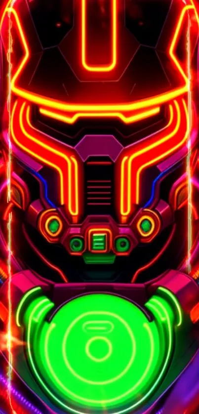 Futuristic neon helmet with red and green glow.