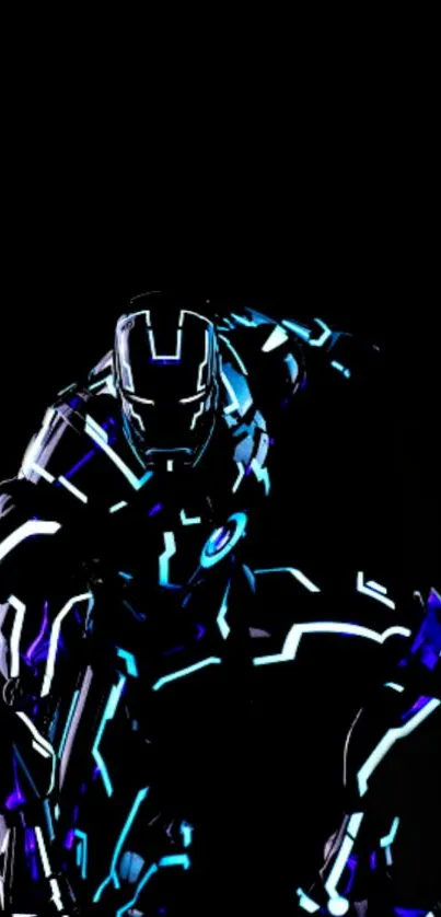 Futuristic hero with neon accents on black background.