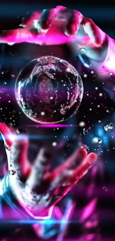 Hands holding a glowing orb with neon colors and floating water drops.