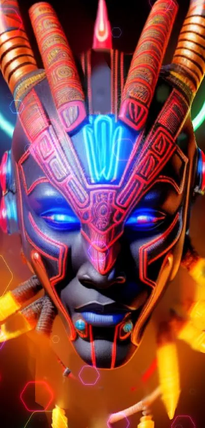 Neon futuristic mask art with vibrant colors and patterns.