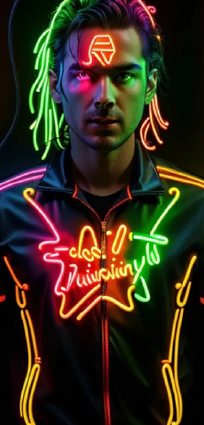 Man in neon-lit futuristic outfit glowing in vibrant colors.