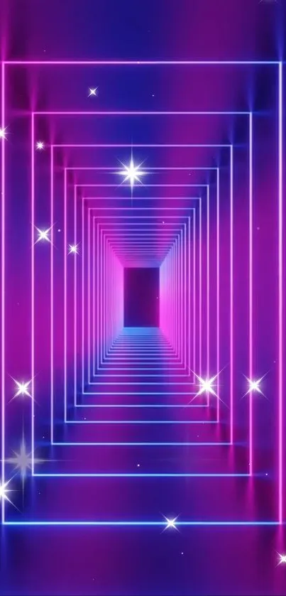 Neon tunnel design with stars and vibrant purple hues for mobile wallpaper.